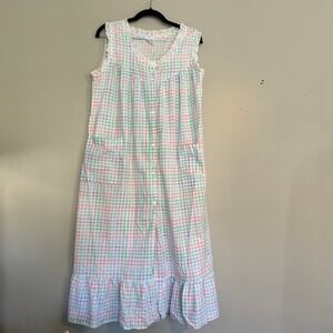 Vintage Carole Gingham Nightgown Small Pastel Pink Green‎ Plaid Ruffle Lace USA